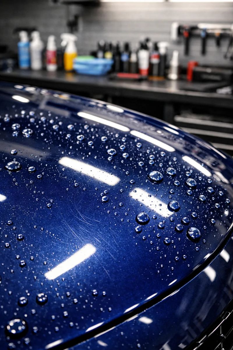 Glossy black car with clean wheels after professional exterior detailing