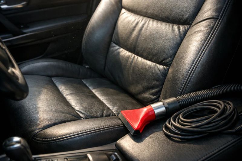 Freshly detailed luxury vehicle interior with clean leather seats