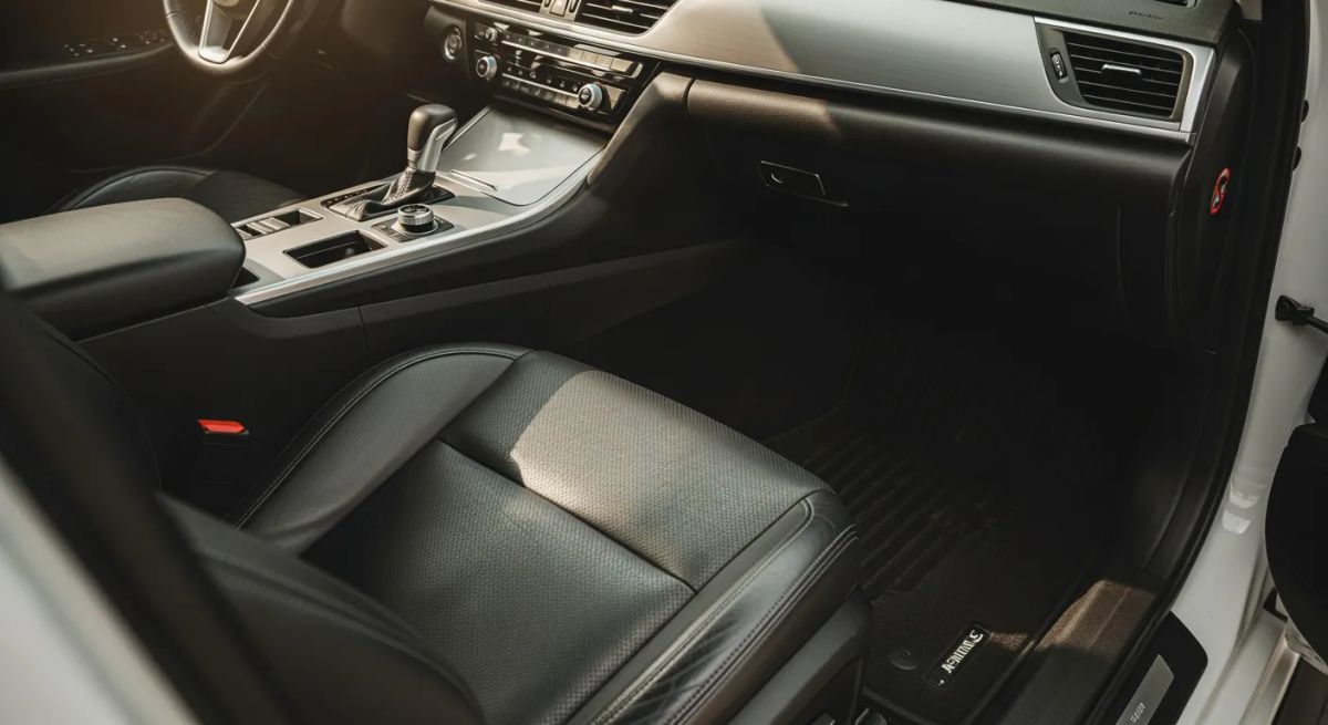 Detailer vacuuming and cleaning a vehicle interior with leather seats