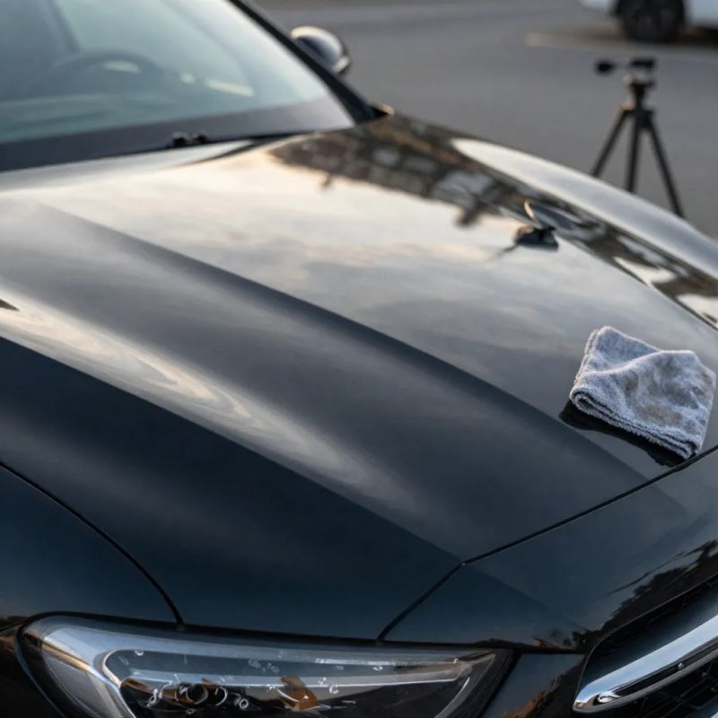 Polishing wax onto a glossy vehicle during car detailing in Ellis County, Texas