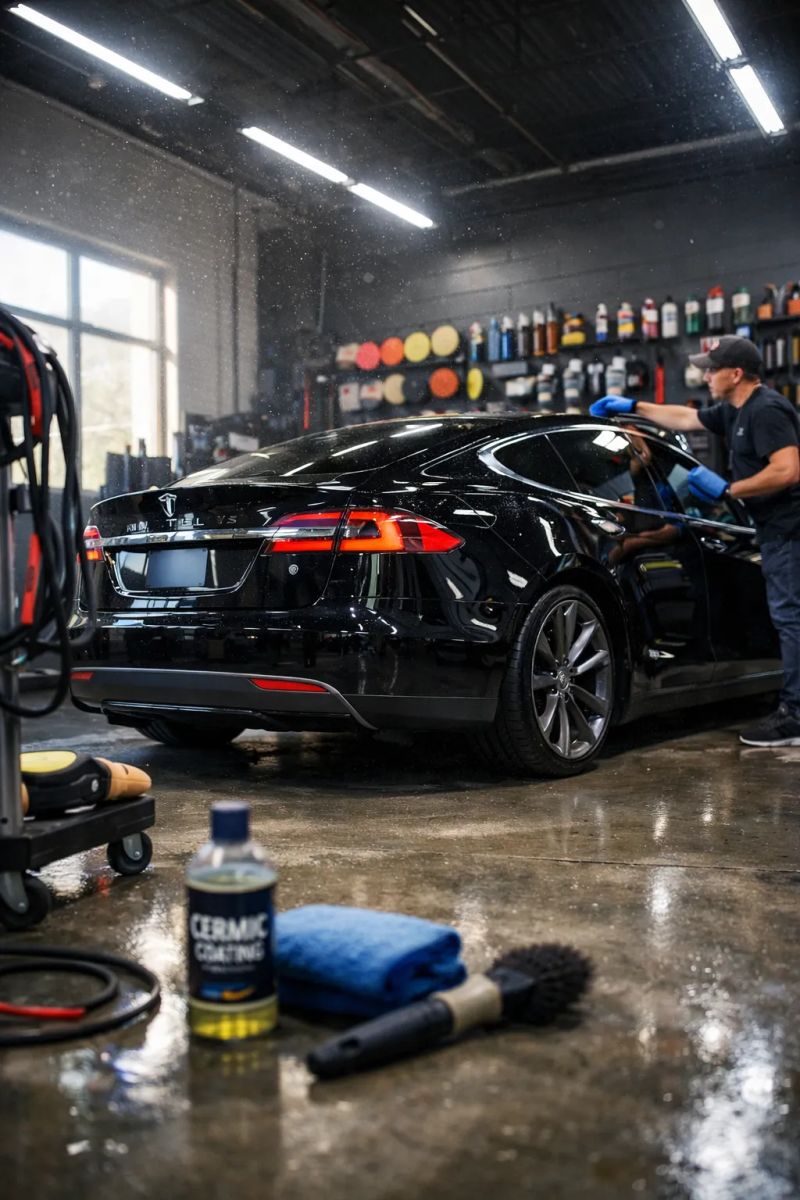 Automotive detailer applying paint protection product to a vehicle hood